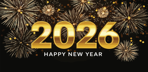 Golden 2026 New Year celebration with vibrant sparkling fireworks illuminating a dark sky, perfect for festive holiday greetings and joyful event promotions