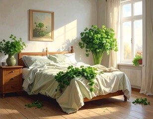 Whimsical bedroom scene featuring an abundance of fresh green parsley arrangements