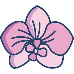 Pink Orchid Flower With Dark Blue Outline and Dark Blue Center Isolated on a Transparent Background Simple Minimalist Icon Style Illustration