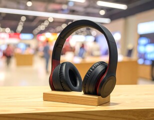 Wireless headphones displayed on a wooden stand in a modern retail environment