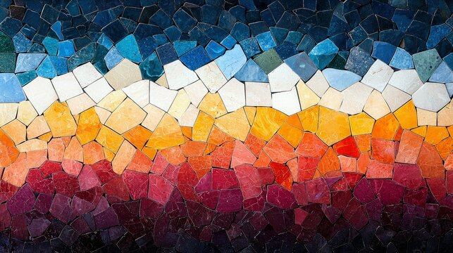 A textured mosaic of irregular stone tiles arranged in horizontal bands, transitioning through shades of blue, white, yellow, orange, red, and purple. - Powered by Adobe