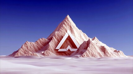 A stark, abstract mountain range with a prominent geometric symbol set against a clear blue sky.