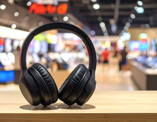 Wireless headphones on display in an electronics store showcasing audio technology