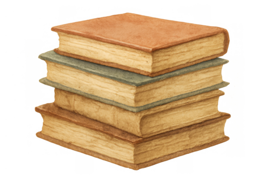 Stack of old books watercolor illustration representing education, knowledge, and vintage literature on transparent background