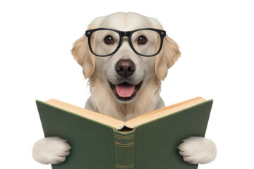 Intelligent Golden Retriever dog wearing glasses happily reading a book, perfect for education and knowledge themes.
