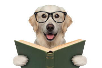 Intelligent Golden Retriever dog wearing glasses happily reading a book, perfect for education and knowledge themes.