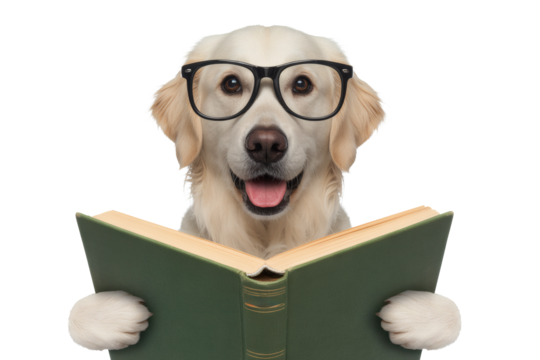 Intelligent Golden Retriever dog wearing glasses happily reading a book, perfect for education and knowledge themes.