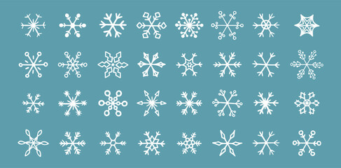 Fototapeta premium Hand drawn snowflake doodle vector icon collection, winter snow symbol. White snowflakes on a blue background
