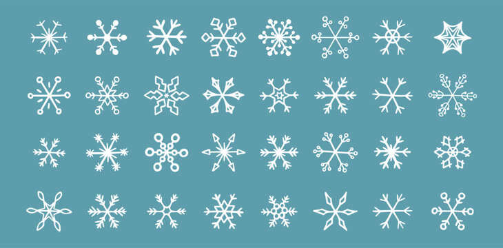 Hand drawn snowflake doodle vector icon collection, winter snow symbol. White snowflakes on a blue background
