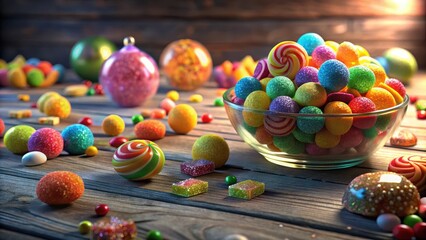 Colorful candies in a vibrant display atop a rustic wooden table await indulgence