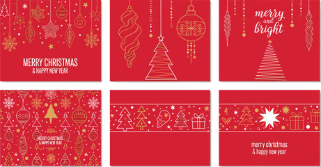 Modern vector Christmas and New Year greeting card designs featuring elegant line art ornaments, festive trees, and snowflakes, ideal for holiday season messages