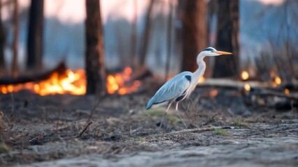 Heron stands calmly in front of a raging forest fire impacting a natural habitat