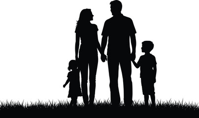 Black silhouette of family with two children standing on grass, parents holding hands with son and daughter, vector illustration isolated on white background.