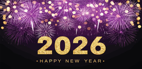 Sparkling 2026 New Year celebration with vibrant purple fireworks and golden glitter text, symbolizing joy and anticipation for a prosperous future