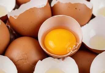 Abundant brown shells surround a single cracked egg revealing its vibrant yolk and clear white