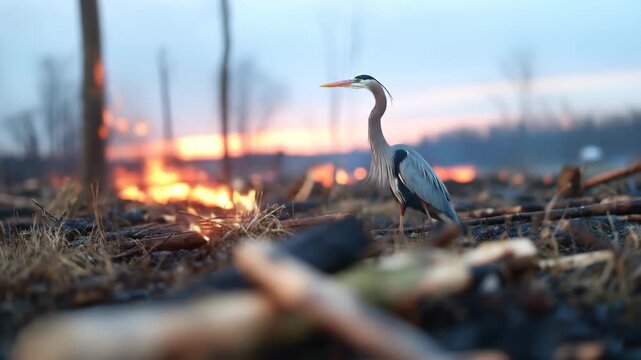 Heron standing in burnt environment with fire during twilight