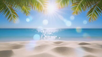 Sunny tropical beach with soft white sand, sparkling blue ocean, and palm fronds against a clear sky, perfect for a peaceful summer escape. - Powered by Adobe