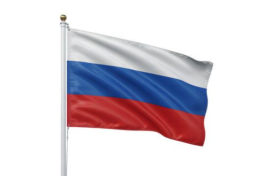 Waving Russian flag proudly displayed on a flagpole against a clean backdrop symbolizing national pride and patriotism
