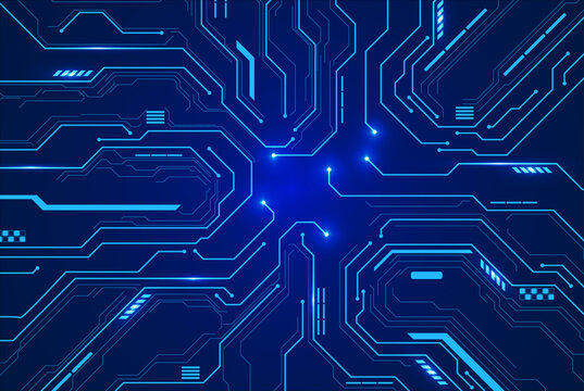 Modern Electronic Chipboard Pattern in Blue. Clean circuit board texture with glowing connections and futuristic microchip details.