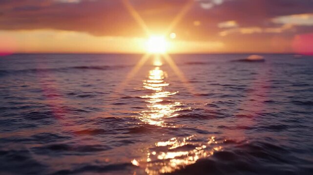 The sun sets over the calm ocean, casting golden rays across the gentle waves. This serene ocean view highlights the beauty of the sunset and the tranquil water surface.