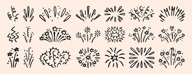 Festive firework explosion set isolated on white background. Vector illustration of hand drawn confetti burst effect, party firecracker sparks, abstract spiral doodles, lines with.