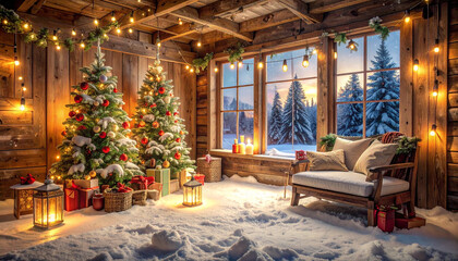 Obraz premium Christmas tree decorated with red and gold ornaments and snow inside cozy wooden cabin with warm string lights, candles, and wrapped gifts creating festive and inviting winter atmosphere