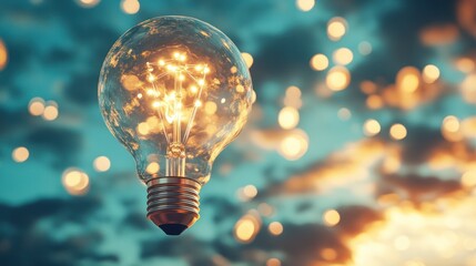 Illuminated lightbulb, imaginative idea, night sky, inspiring concept, stock photo