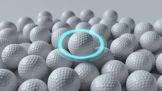 A single golf ball illuminated by a blue glow, distinguishing it from numerous others. Symbolizes selection, superior quality, or technological focus.