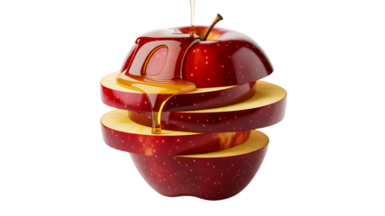 Closeup of a sliced red apple with honey being poured on top, isolated on transparent background the apple is stacked with slices slightly offset, creating a visually appealing composition