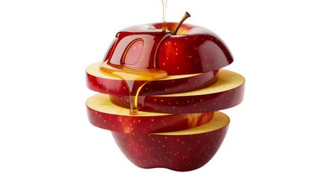 Closeup of a sliced red apple with honey being poured on top, isolated on transparent background the apple is stacked with slices slightly offset, creating a visually appealing composition