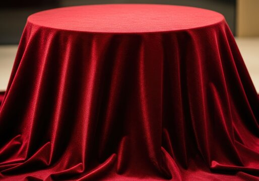 Round display pedestal covered with luxurious deep red velvet fabric
