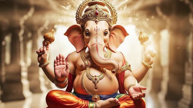 Lord Ganpati God Statue Wearing Traditional Indian Attire And Golden Jewelry In Temple Hall With Soft Lighting During Ganesh Chaturthi Celebration And Festival