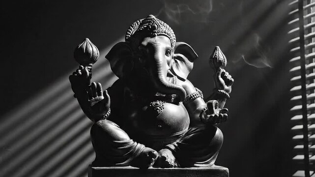 Lord Ganpati Idol Illuminated by Dramatic Sunlight Rays Amidst Smoke Wisps and Blinds Background for Ganesh Chaturthi Festival Celebration in India