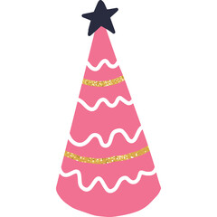 Pink Party Hat With Star And Gold Glitter Accents Isolated On White Background