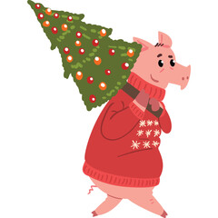 Pink Pig Wearing A Red Christmas Sweater Carries A Green Christmas Tree On Its Back Across A Transparent Background