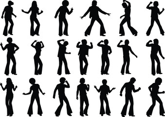 Collection of black vector silhouettes of men and women dancing disco style, wearing retro seventies clothing, performing funky dance moves, isolated on white background.