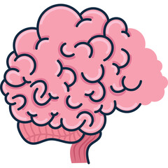 Pink pixel art human brain with dark blue outlines and lighter pink cerebral cortex on a transparent background representing cognition and medical illustration