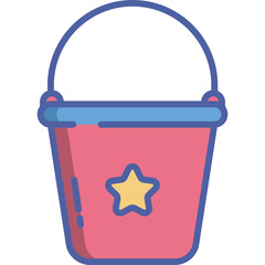 Pink Plastic Beach Bucket With Yellow Star Decoration And Blue Rim Handle For Carrying Sand And Toys On A Transparent Background