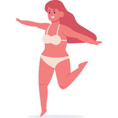 Pink pixel art illustration of a woman with long flowing hair wearing a light peach bikini confidently posing with arms outstretched and one leg bent representing joy and freedom on a white