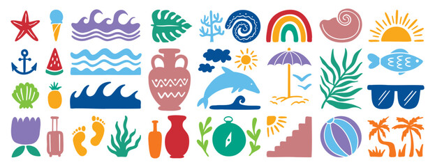 retro groovy boho geometric summer surf beach or palm tree set. beach elements hand drawn cartoon doodle signs