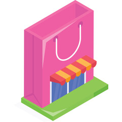 Pink Shopping Bag Storefront With Awning And Green Base Isometric Illustration
