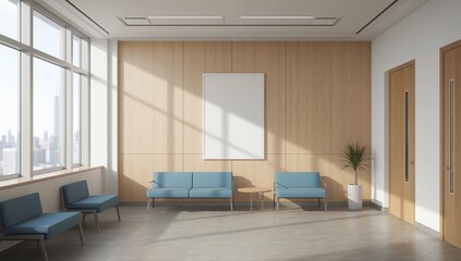 Blank poster mockup on wood wall in bright modern waiting room interior with large windows, clean layout, and city view concept. 3D Rendering