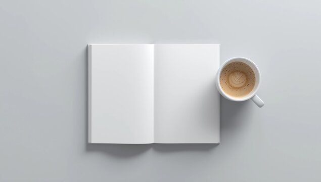 Blank square right magazine page. Workspace with folded magazine mock up on white desk with cup of coffee. View above. 3d illustration