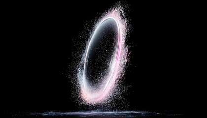 A luminous ring of swirling particles emits light and energy against a dark backdrop, suggesting movement and transformation.