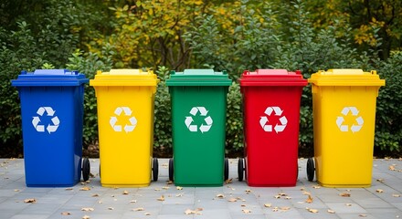Colorful Recycling Bins for Waste Sorting and Environmental Conservation in Nature Setting