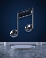 3D Render of Metallic Music Note Floating Above a Stage with Blue Background