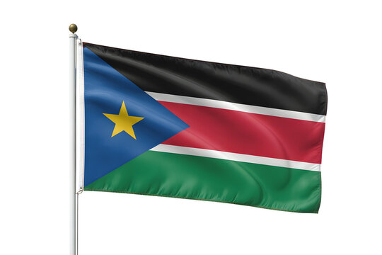 South Sudan flag waving proudly on flagpole, symbol of national pride and independence, vibrant national colors displayed beautifully