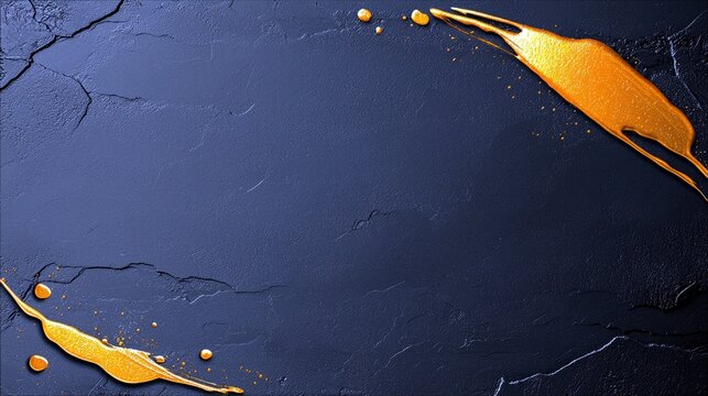 A dark, textured surface with abstract, flowing strokes of gold paint and scattered droplets.