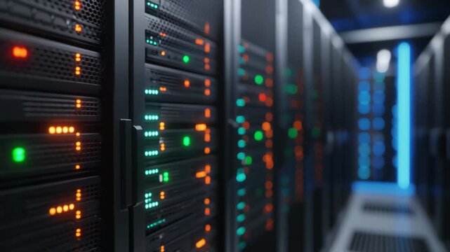 Data Center's Core: Rows of high-tech servers hum with data processing, the neon glows creating a futuristic atmosphere for technology infrastructure.  - Powered by Adobe
