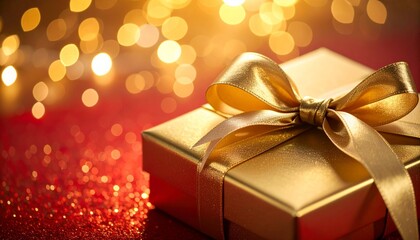 Golden Gift Box with Ribbon against Festive Bokeh Background